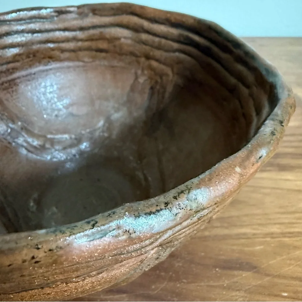 Vintage Japanese Studio Pottery Bowl Tanba Style Wabi Sabi Ribbed Stoneware